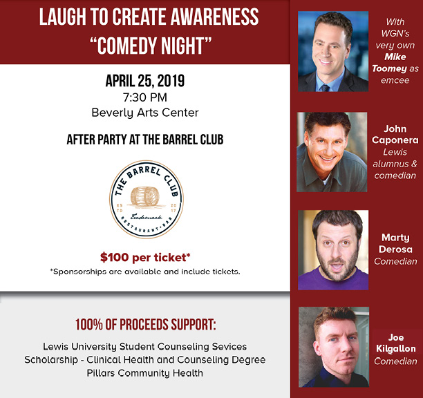 The Laugh To Create Awareness event will take place on April 25, 2018 at 7:30 p.m. at the Beverly Hills Center.